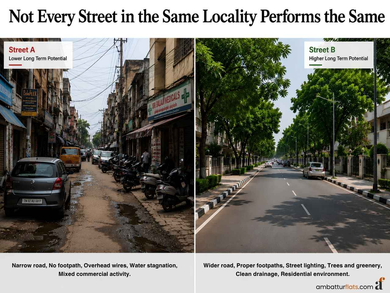 Comparison of two Chennai streets showing how infrastructure and street conditions affect property value