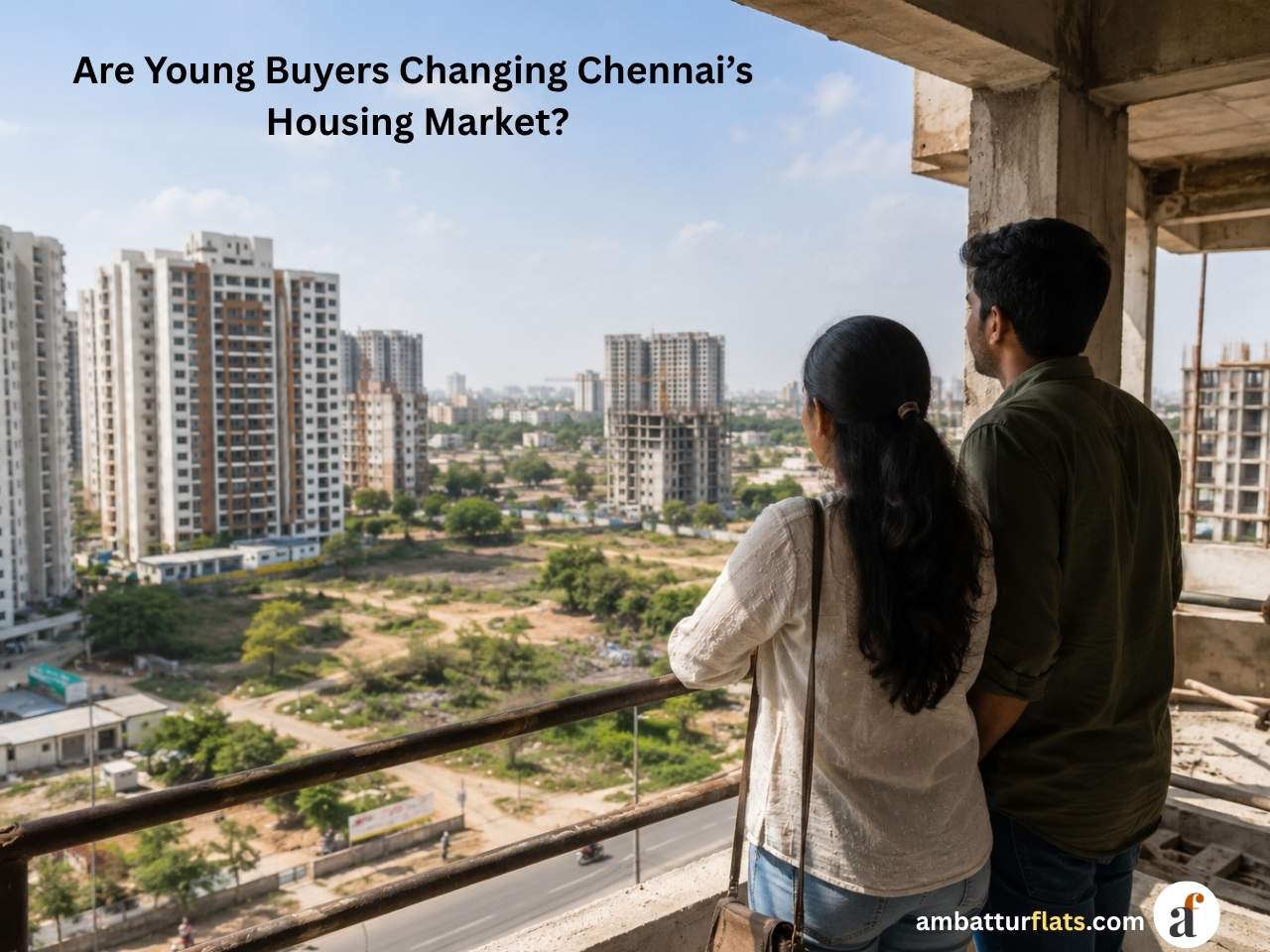 Young couple viewing Chennai’s residential buildings from an apartment under construction