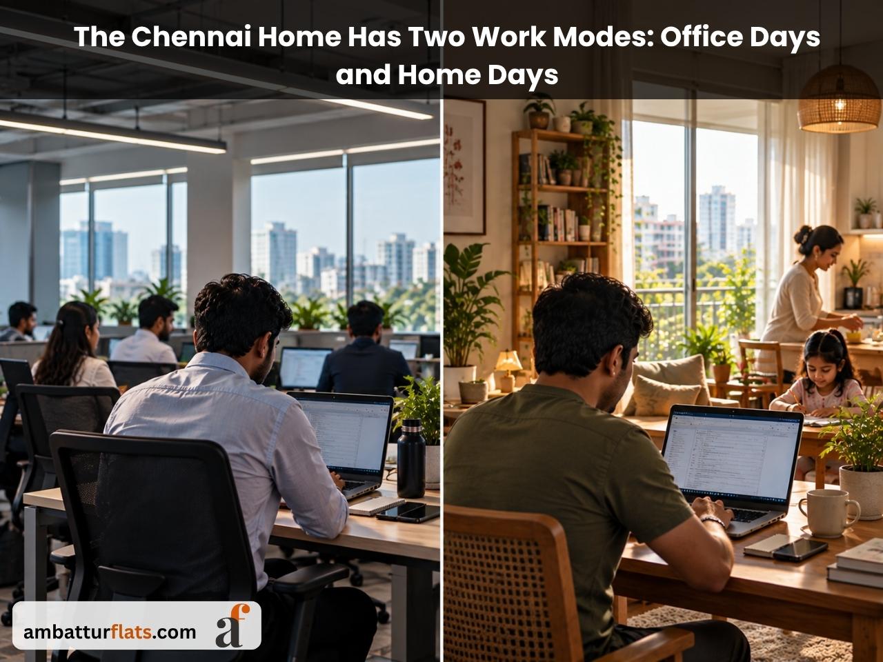 Chennai professional working from home on a laptop alongside a contrasting office workspace, illustrating hybrid work and home buying decisions.