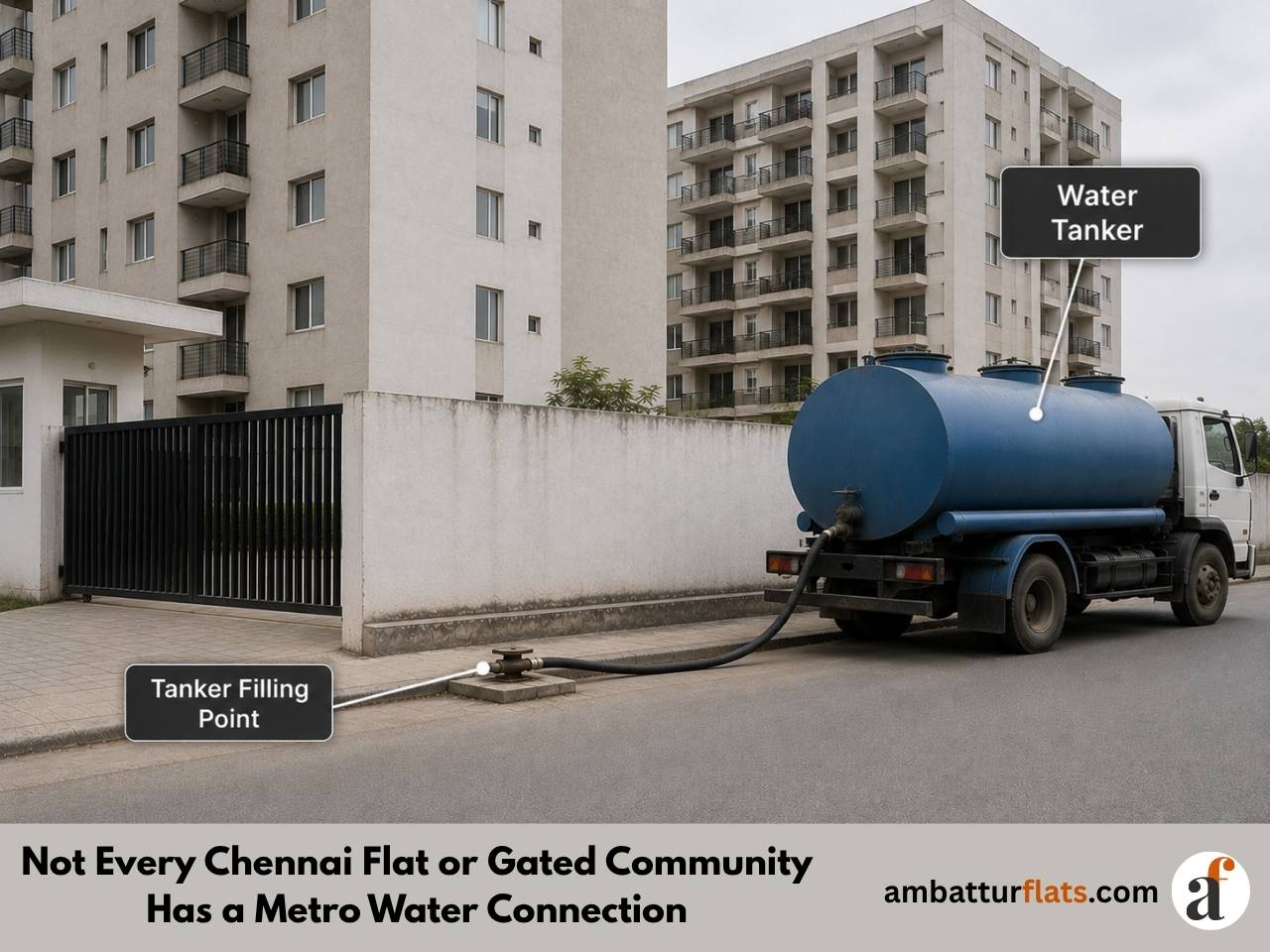 Water tanker filling the sump at a Chennai gated community with no Metro Water connection