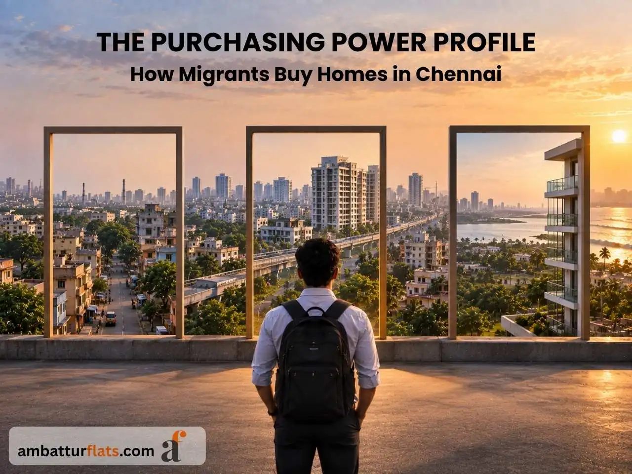 Man with a backpack viewing Chennai skyline, apartments and coastline through three large window frames at sunset.