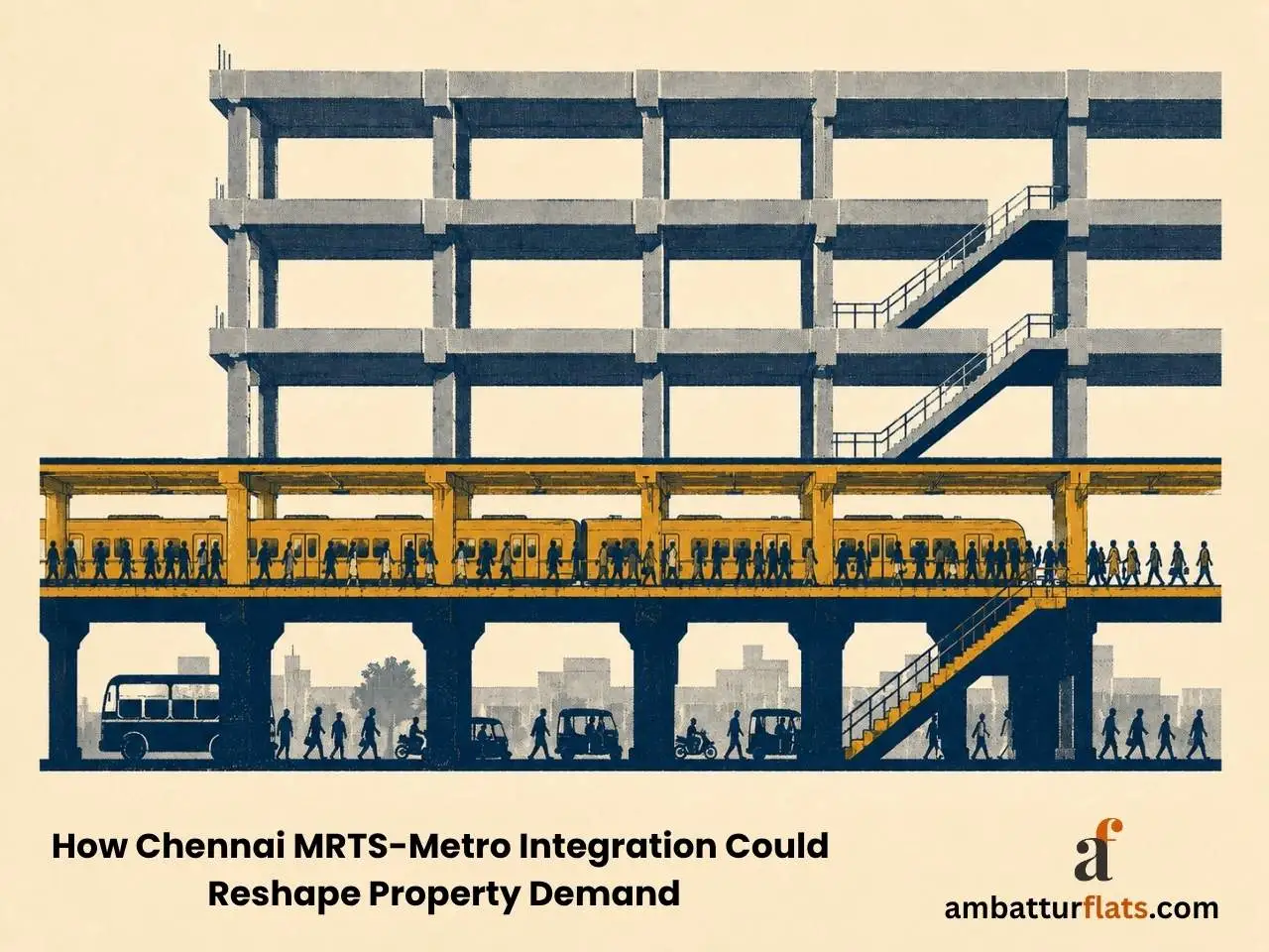 Chennai MRTS-Metro integration illustration showing an elevated train station beneath a multi-storey building