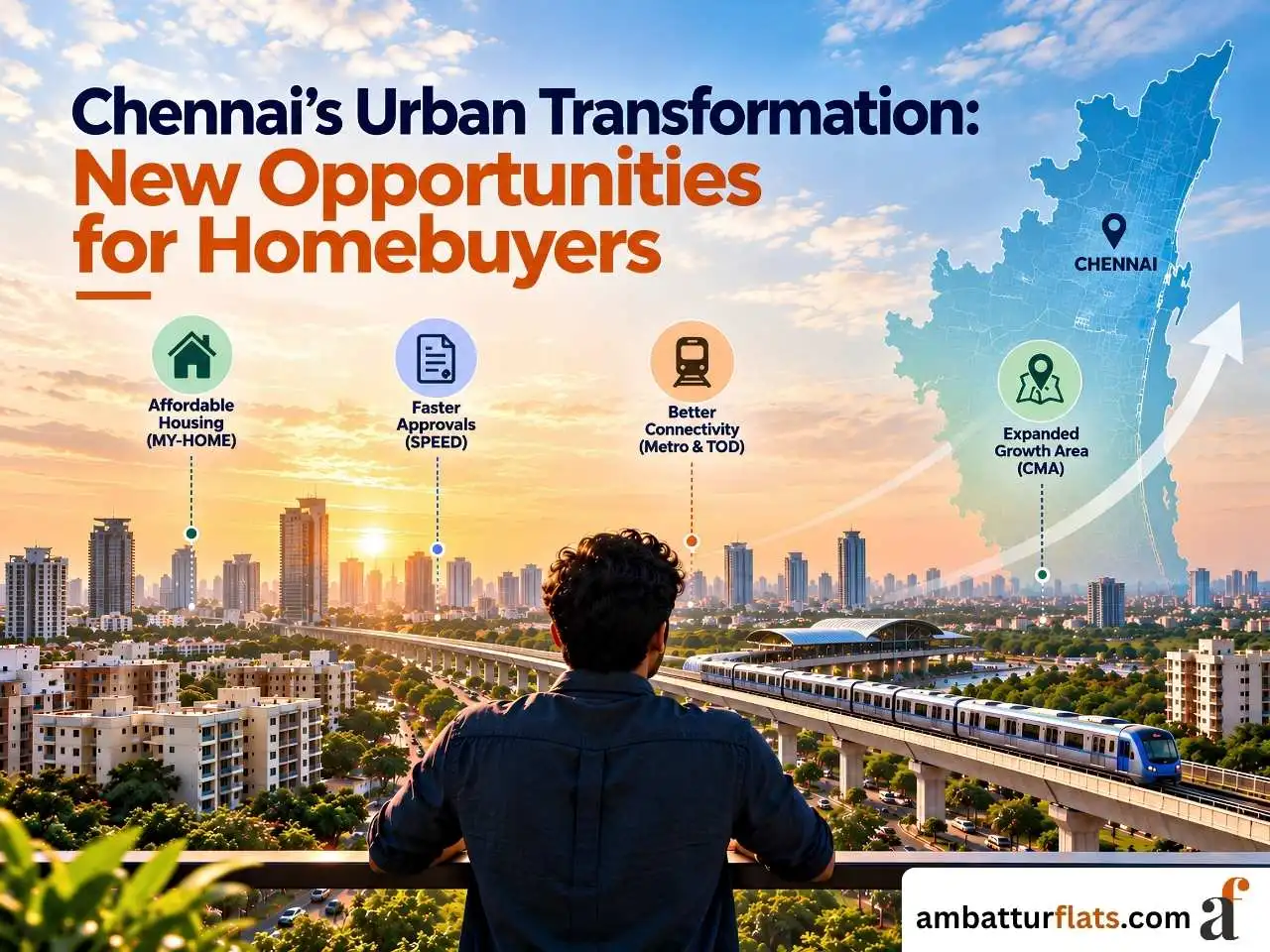 Chennai skyline with metro rail, urban development and policy icons highlighting opportunities for homebuyers