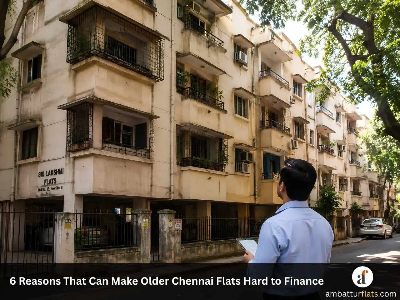 Older Chennai apartment building being assessed for home loan eligibility by a property professional