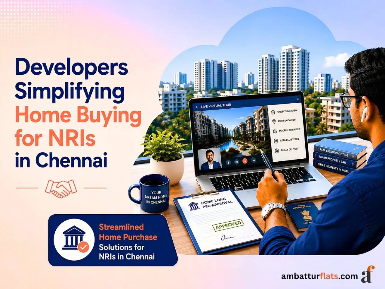 Infographic of an NRI viewing Chennai properties online with a home loan approval document