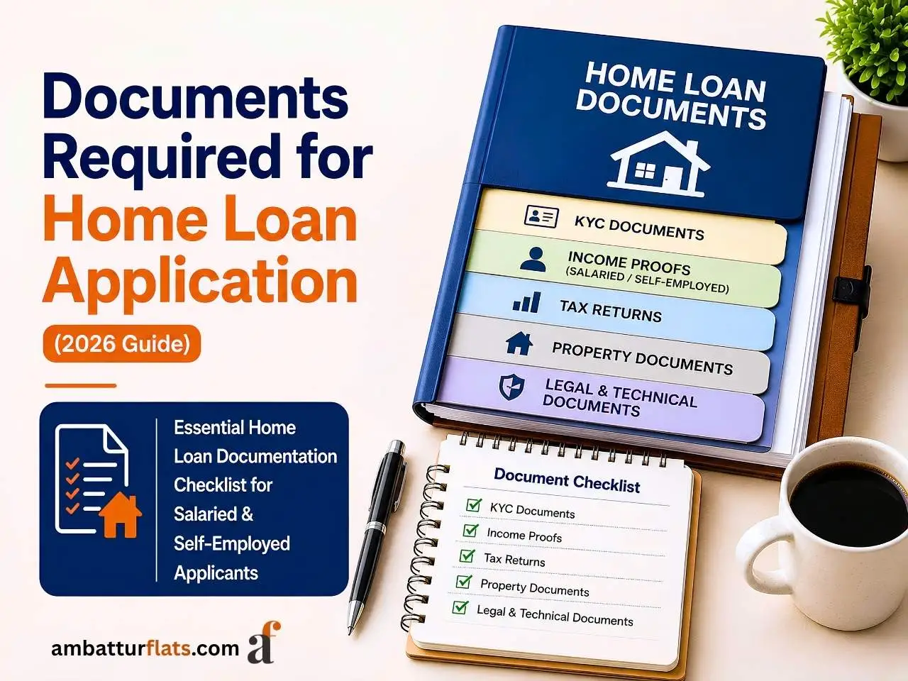 Infographic showing home loan documents, KYC, income proofs, tax returns and property papers