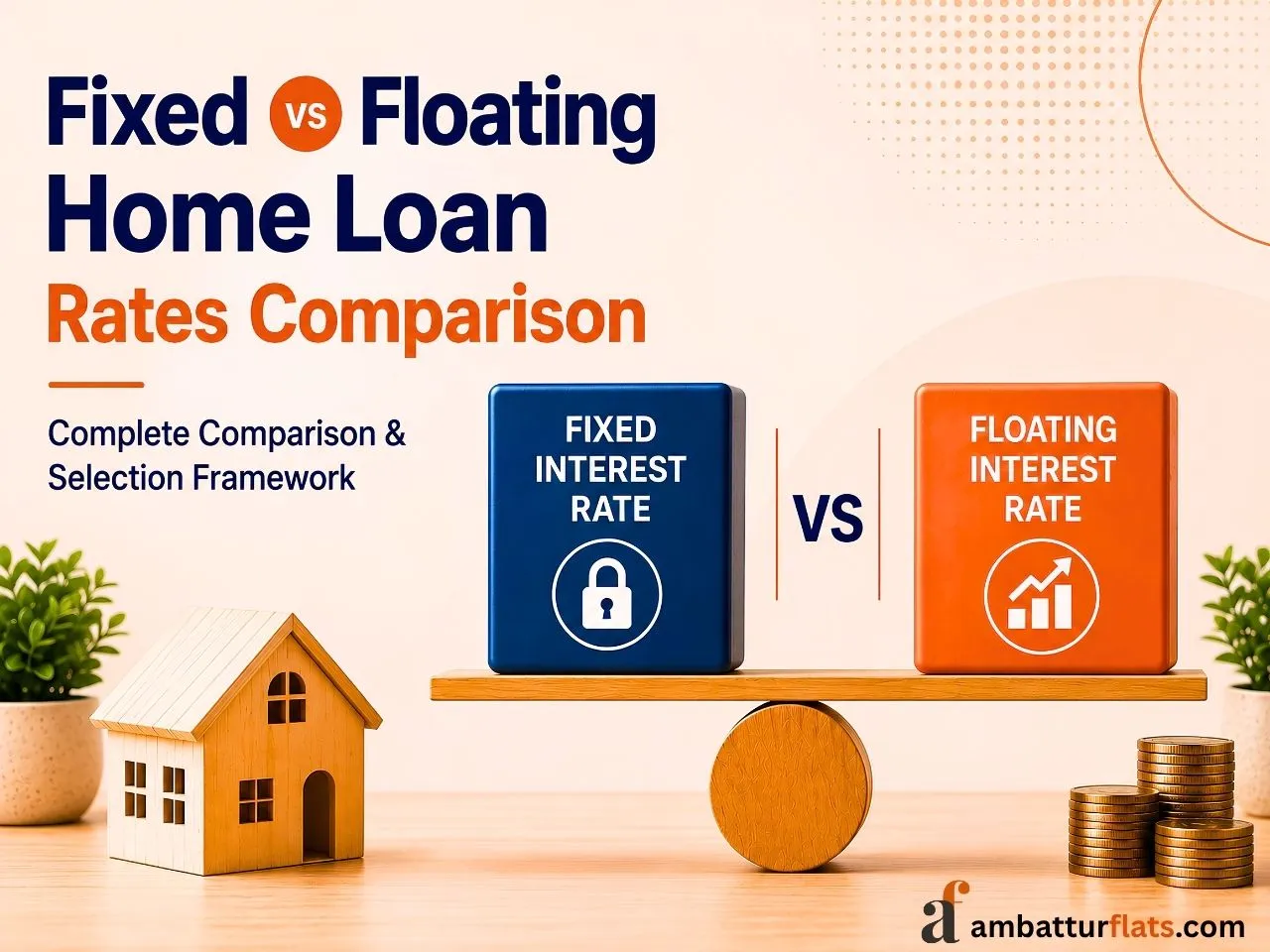 Infographic comparing fixed and floating home loan interest rates with a house and financial icons