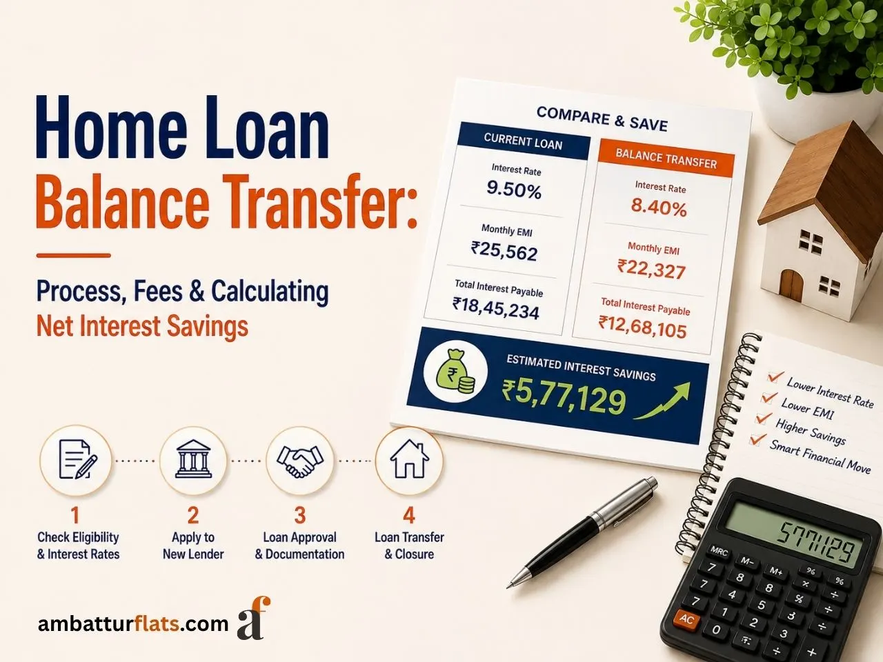 Homeowner comparing current home loan EMI schedule with low interest balance transfer offer