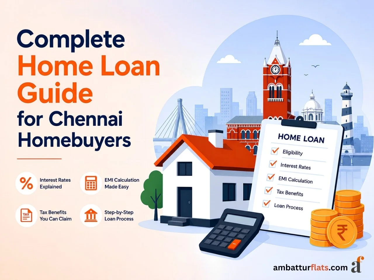Infographic of a Chennai home with a home loan checklist, calculator and city landmarks