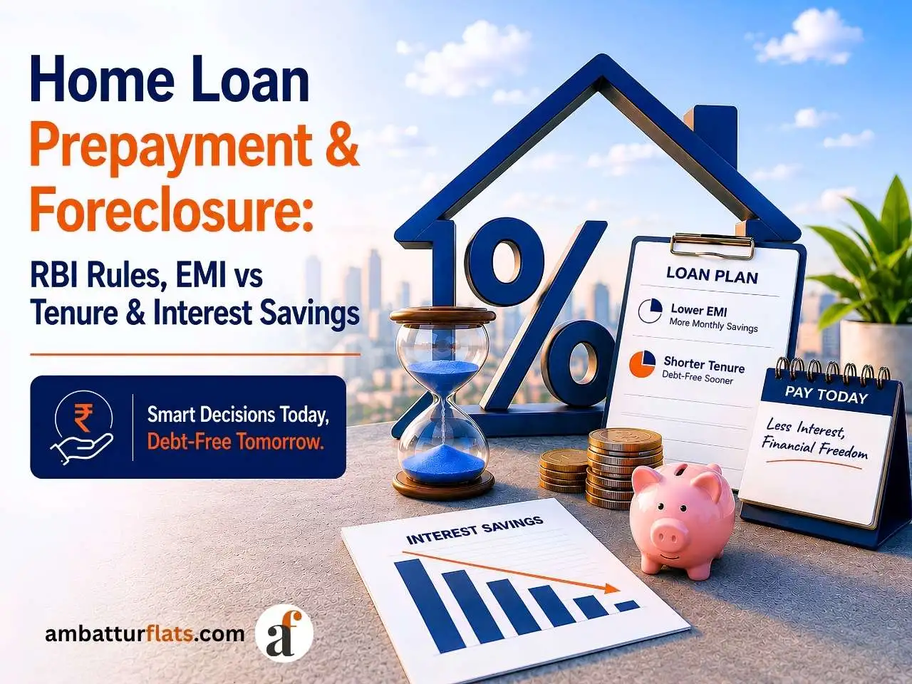 Home loan prepayment and foreclosure guide showing RBI rules, EMI reduction, shorter tenure, and interest savings