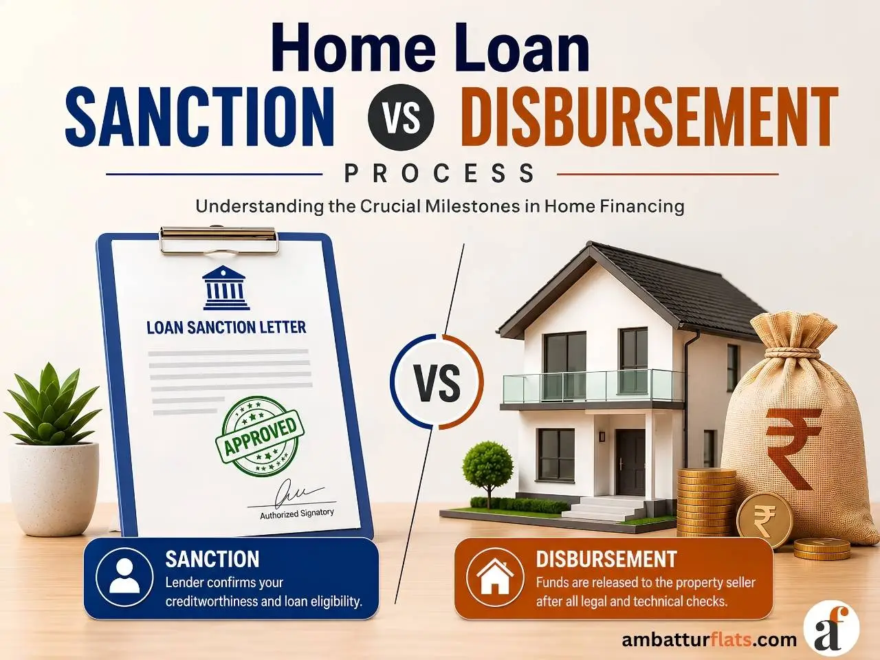 Infographic comparing home loan sanction and disbursement, including approval, property checks and fund release
