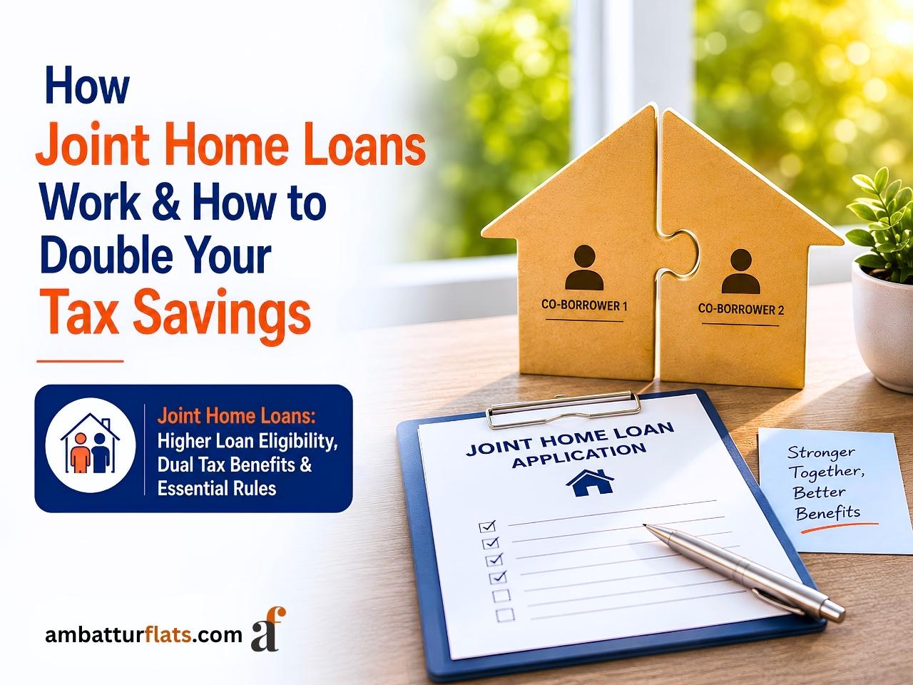 Joint home loan showing co-borrowers, higher loan eligibility, dual tax benefits and key application rules