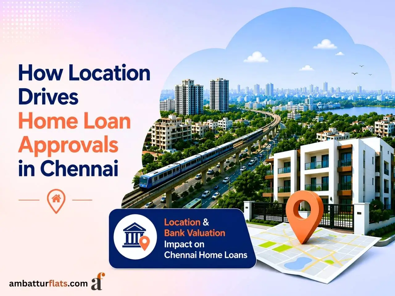 Infographic of Chennai cityscape with residential buildings, metro rail, roads and location markers