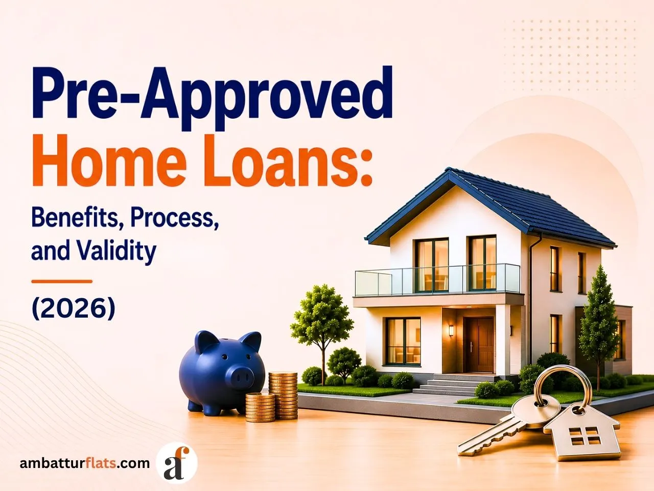 Infographic showing pre-approved home loan benefits, application process, validity, and home buying