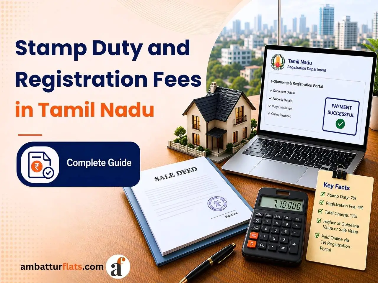 Infographic showing a Tamil Nadu property, sale deed, registration portal and stamp duty calculation
