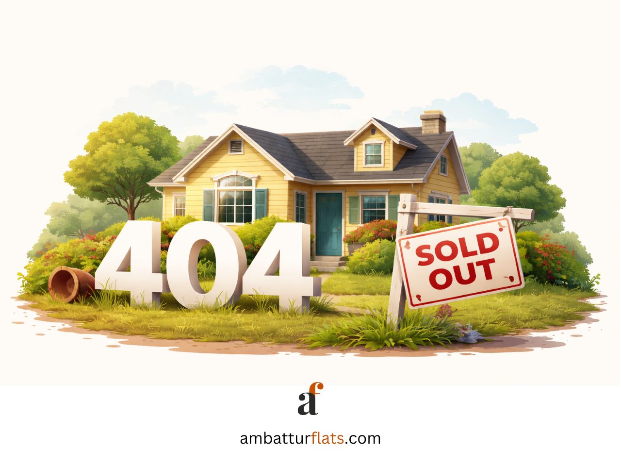 Photorealistic 404 error scene showing a small house with a “Sold Out” sign, surrounded by construction elements and large “404” numbers, representing a missing or unavailable page.
