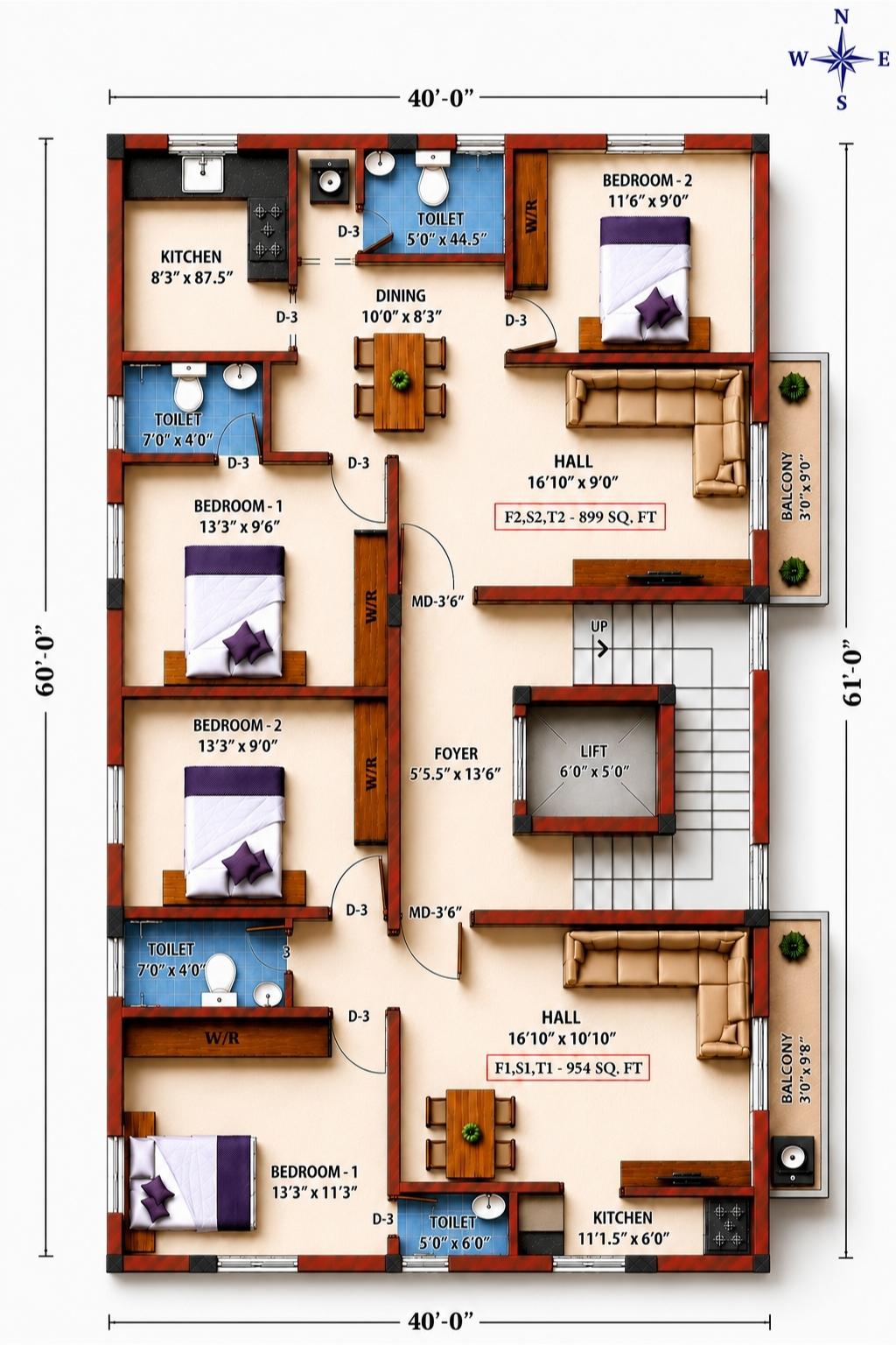 AARAV 2 BHK apartment floor plan showing room layout, dimensions, lift, staircase, balconies and dining area