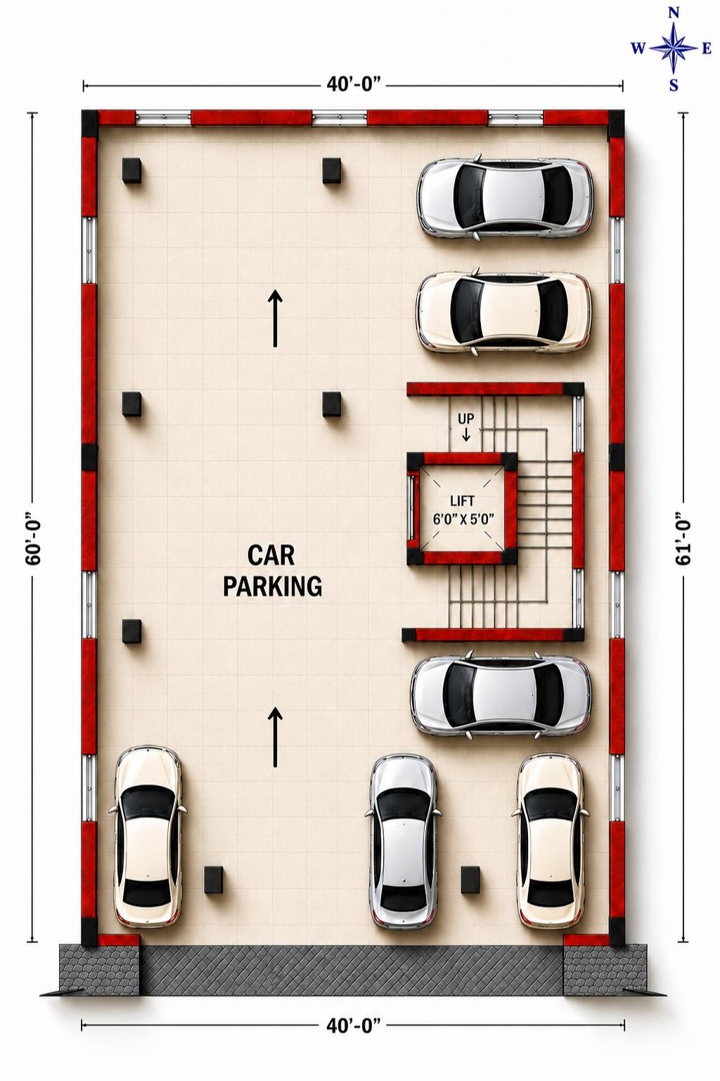 AARAV stilt floor plan showing car parking layout, lift, staircase, parking bays and building access