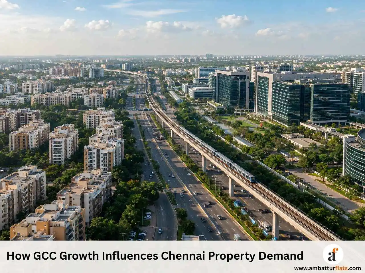 Aerial view of Chennai showing GCC office hubs, metro connectivity and residential neighbourhoods driving property demand.