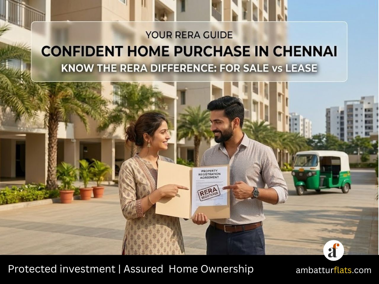 A happy couple reviewing property documents in front of a modern apartment complex in Chennai, illustrating the RERA registration rules for sale vs. lease projects.