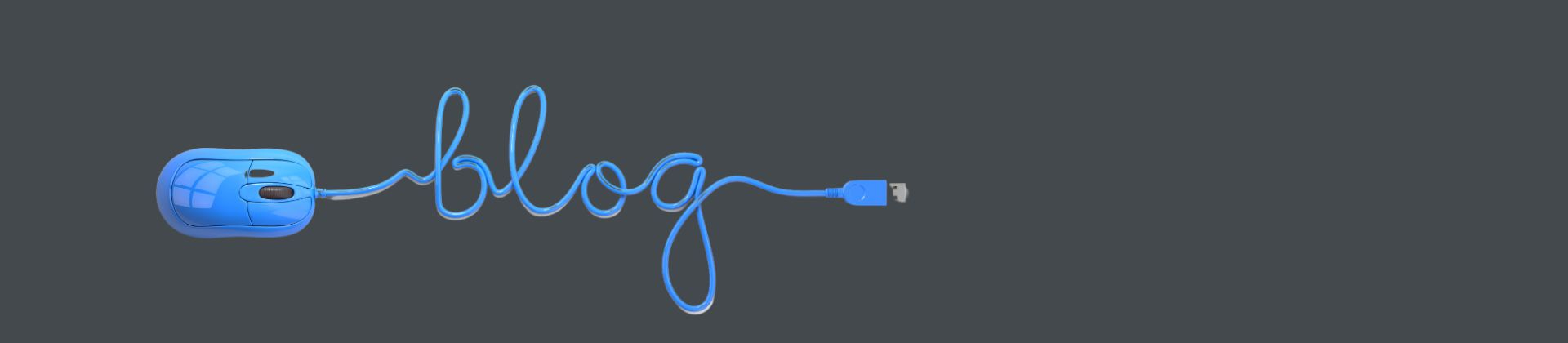 Image of a blue computer mouse and its cord has been twisted like the word ‘blog’