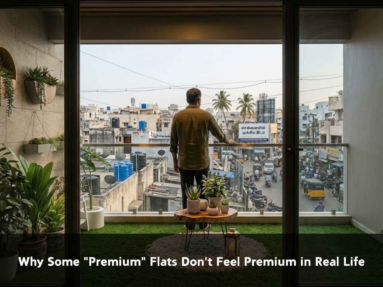Premium flat balcony in Chennai with a busy street view, why luxury flats in Chennai don't always feel premium in real life.